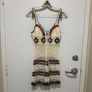 Cream Crochet Knit Sundress with Spaghetti Straps for Casual Resort Wear